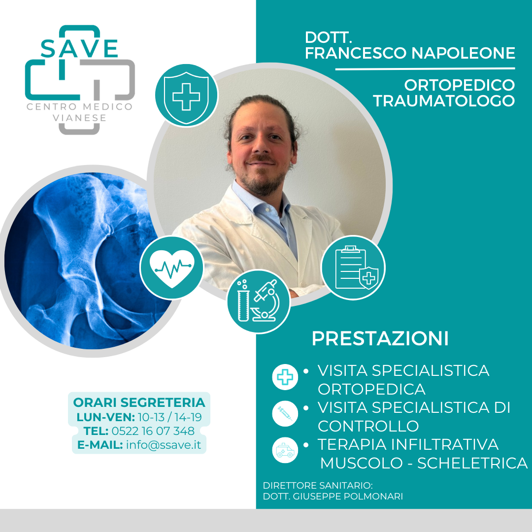 Card di presentazione del Dott. Francesco Napoleone, medico specialista Ortopedico e Traumatologo del Centro Medico SAVE di Viano. Nella grafica: foto del medico in camice, logo SAVE, prestazioni (visita specialistica ortopedica, visita di controllo, terapia infiltrativa muscolo-scheletrica), orari segreteria e contatti telefonici ed email.