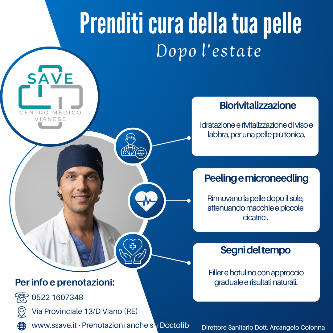 Grafica del Centro Medico SAVE dedicata alla medicina estetica del Dott. Alessandro Serblin: biorivitalizzazione, peeling e microneedling, trattamenti per i segni del tempo, con recapiti del centro e Direttore Sanitario Dott. Arcangelo Colonna.
