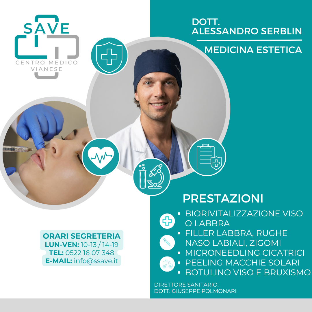 Grafica di benvenuto del Centro Medico SAVE per il Dott. Alessandro Serblin, medico di medicina estetica