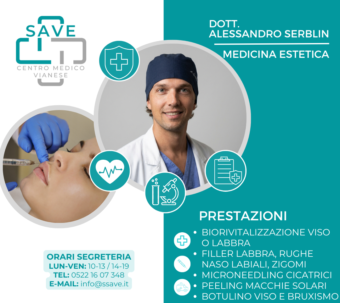 Grafica di benvenuto al Dott. Alessandro Serblin nel team del Centro Medico SAVE