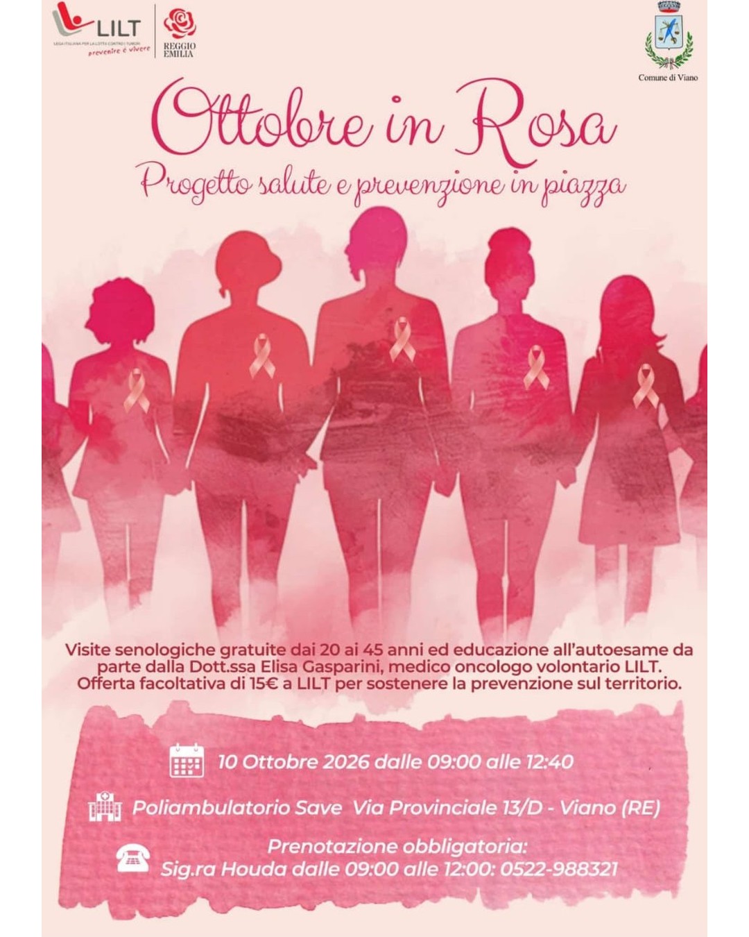 Ottobre in Rosa 2026 a Viano: locandina LILT Reggio Emilia delle visite senologiche gratuite del 10 ottobre presso SAVE - Centro Medico Vianese